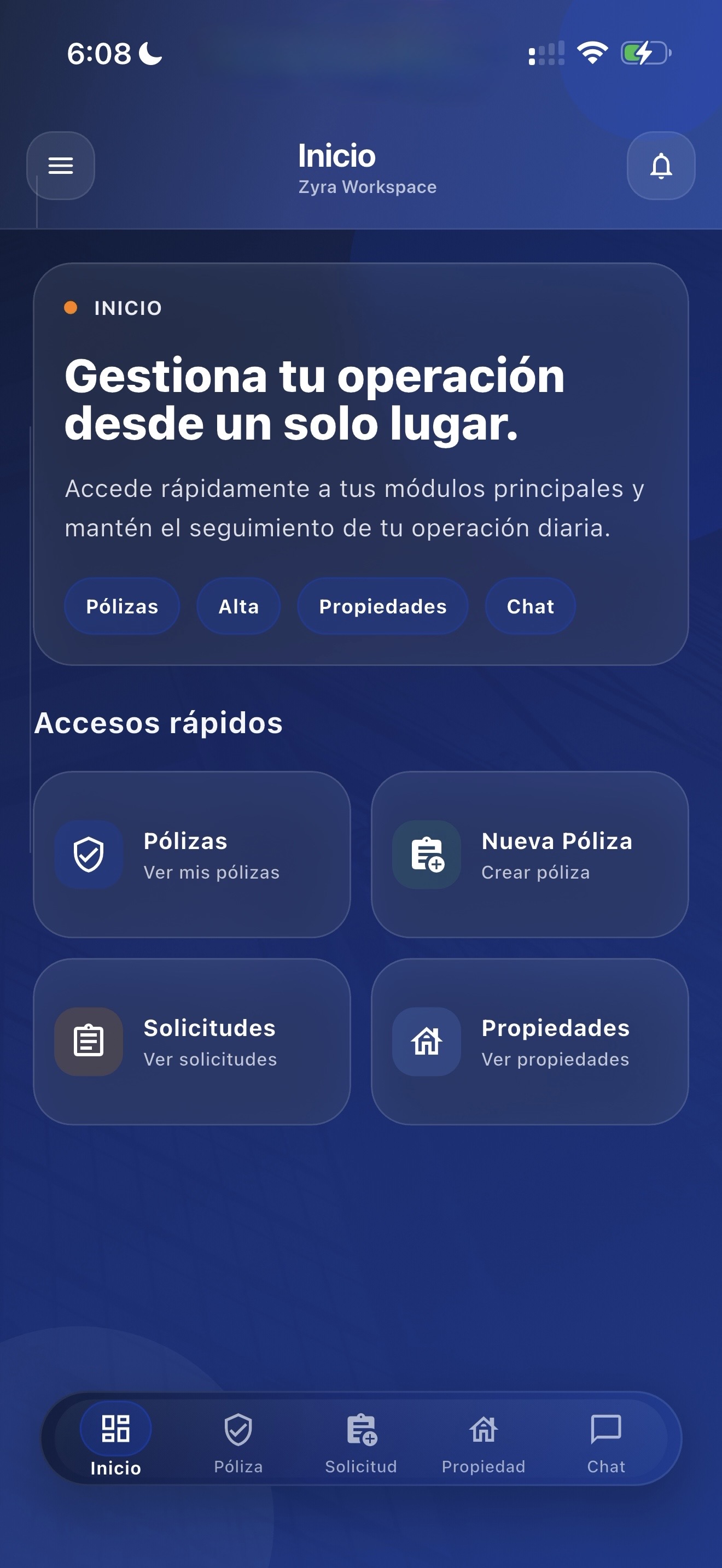 Pantalla de acceso de la app móvil Zyra